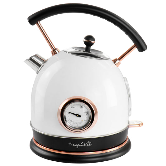 MegaChef 1.8 Liter Half Circle Electric Tea Kettle with Thermostat in White - G&K's