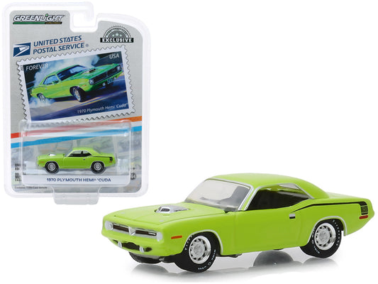 1970 Plymouth HEMI 'Cuda Lime Green "USPS Stamps" (2013) (United States Postal Service) "America on the Move_ Muscle Cars" "Hobby Exclusive" 1/64 Diecast Model Car by Greenlight - G&K's