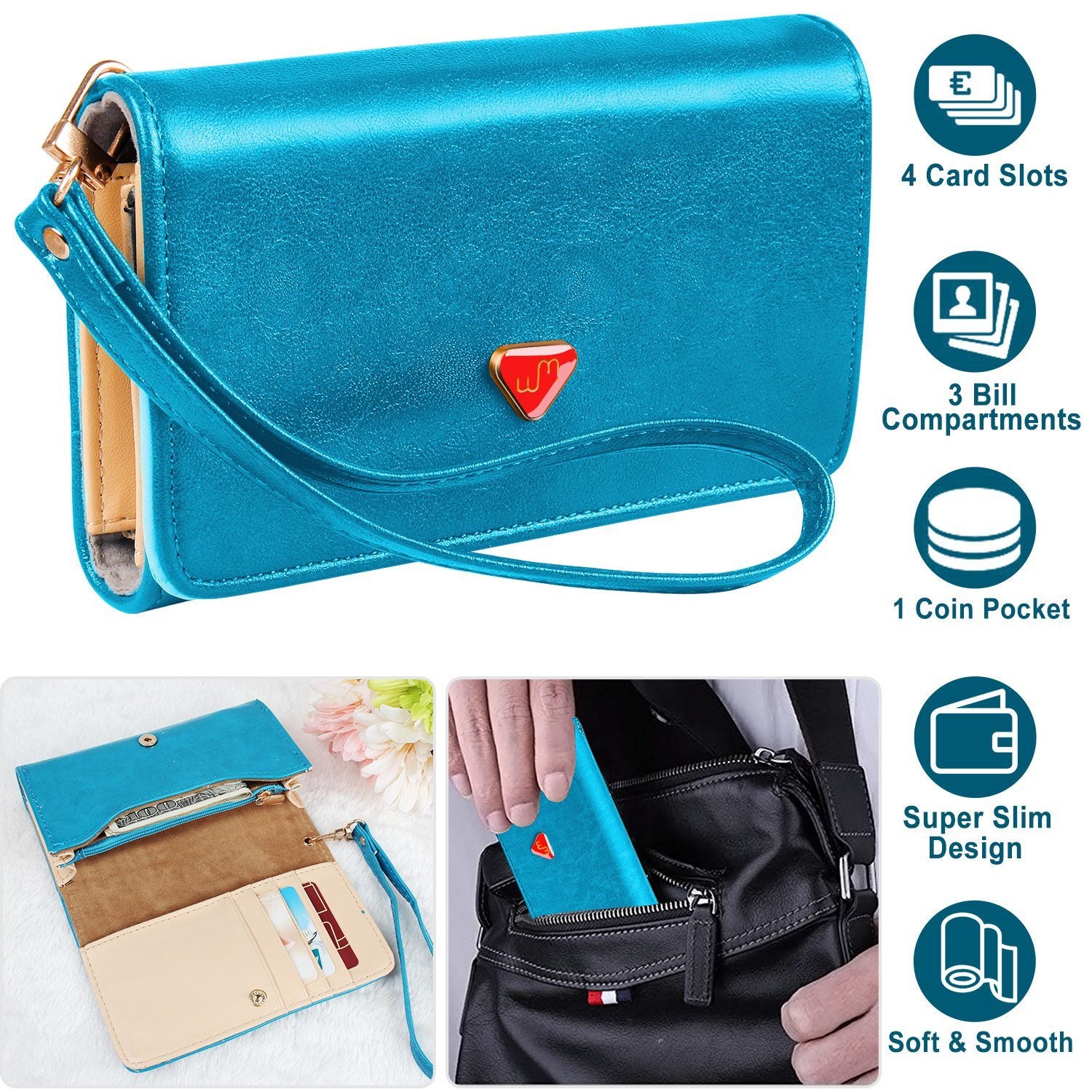 Women Wristlet Wallet PU Leather Lady Purse Credit Card Holder 4 Card Slots 3 Money Pouches 1 Coin Pocket - G&K's