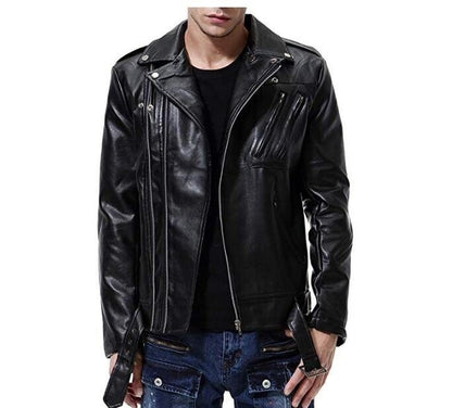 Men's Faux Leather Jacket Black Slim Fit Belted Punk Motorcycle Coat - G&K's
